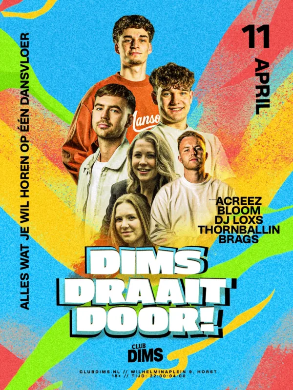 Dims Draait Door event poster - 11 april 2026 Club Dims Horst
