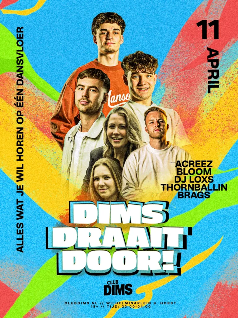 Dims Draait Door event poster - 11 april 2026 Club Dims Horst