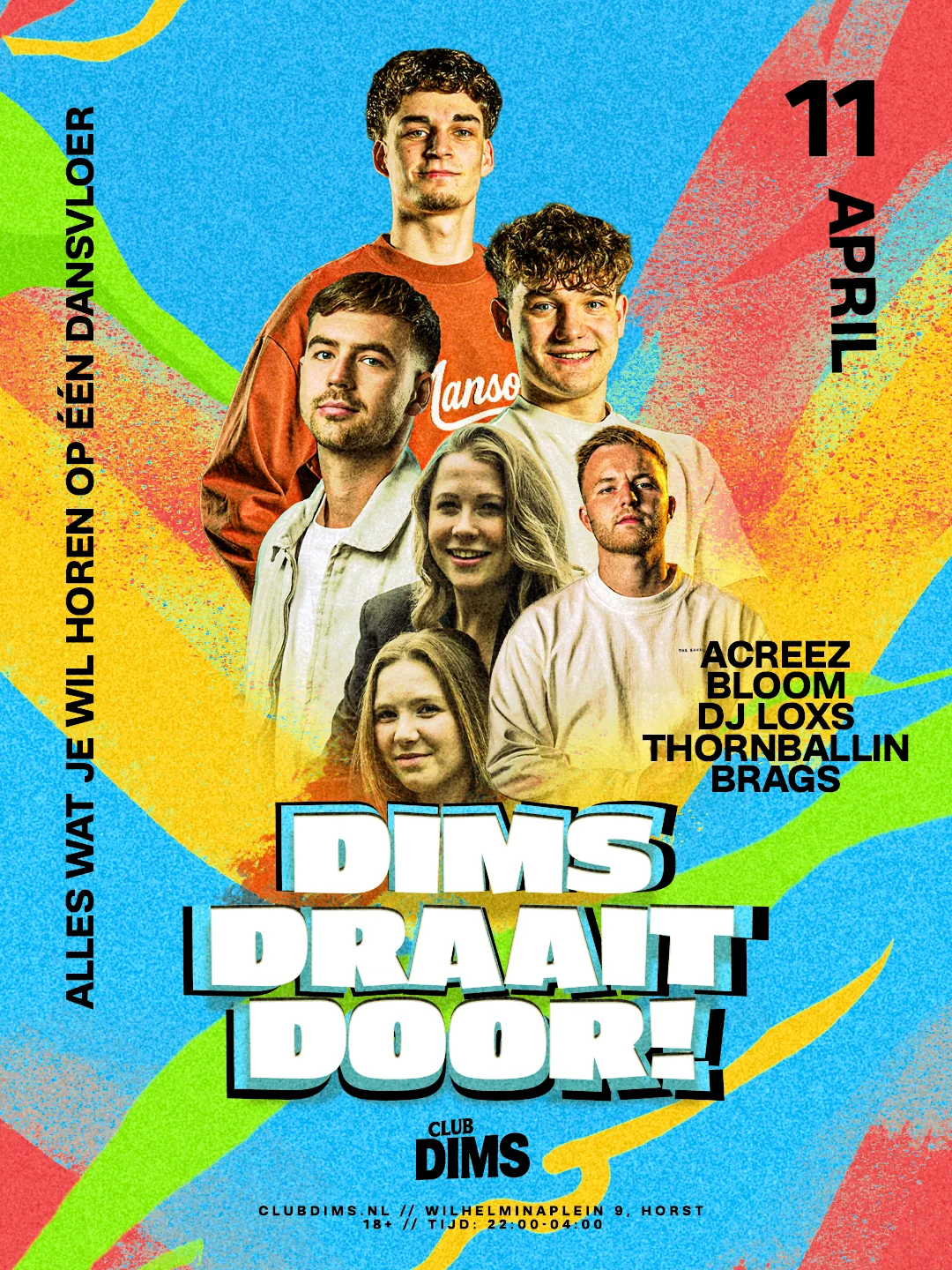 Dims Draait Door event poster - 11 april 2026 Club Dims Horst